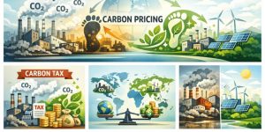 International Standards and Global Practices: Industrial factories with smokestacks, carbon dioxide (CO₂) symbols rising in the air, a carbon footprint icon transforming into green energy, global climate policy concept, modern infographic style, environmental sustainability theme