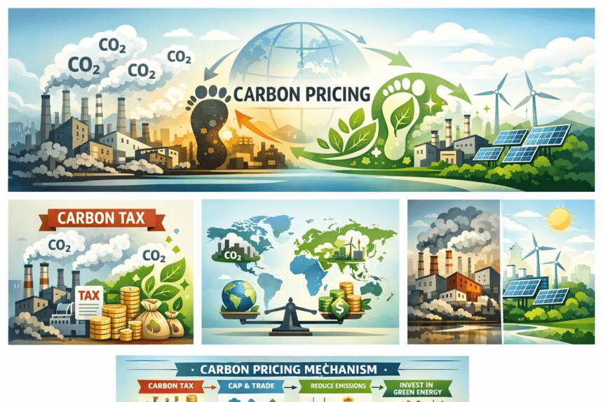 International Standards and Global Practices: Industrial factories with smokestacks, carbon dioxide (CO₂) symbols rising in the air, a carbon footprint icon transforming into green energy, global climate policy concept, modern infographic style, environmental sustainability theme